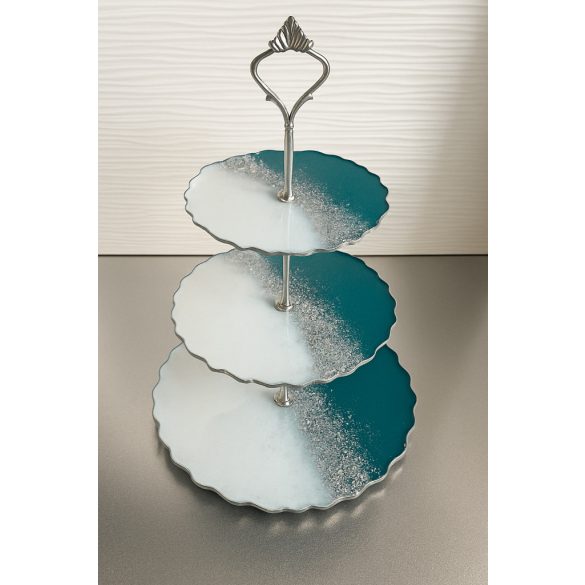  " Sötét türkíz-ezüst-fehér 3 emeletes epoxi gyanta kínálótál " #09