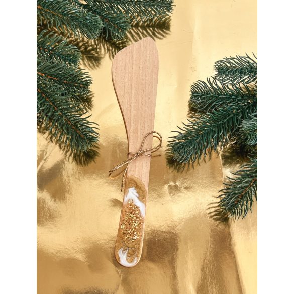 "Arany-fehér metál csillogós epoxi gyanta fedésű fakanál, ajándék"#01