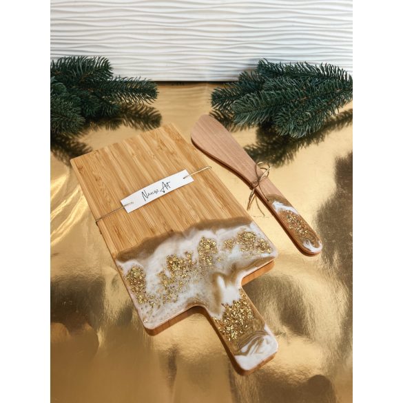 "Arany-fehér metál csillogós epoxi gyanta fedésű fakanál, ajándék"#01