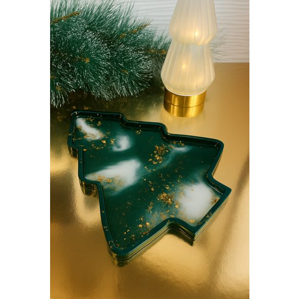 "Zöld-fehér-arany epoxi gyanta fenyőfa formájú sütis kínálótál"#03