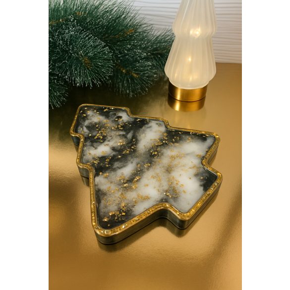  "Fekete-fehér-arany epoxi gyanta fenyőfa formájú sütis kínálótál"#04