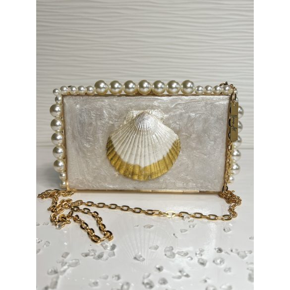 "Arany-gyöngyház epoxi gyanta fedésű, kagyló és gyöngy díszítésű elegáns női clutch táska"#09
