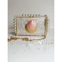   "Arany-rózsaszín epoxi gyanta fedésű, kagyló és gyöngy díszítésű elegáns női clutch táska"#