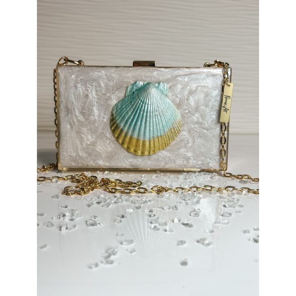 "Arany-mentazöld epoxi gyanta fedésű, kagyló díszítésű elegáns női clutch táska"#16