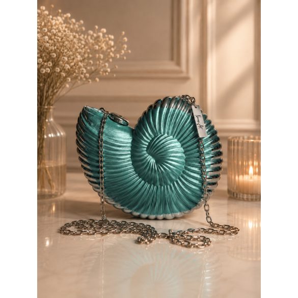 "Ezüst-türkíz epoxi gyanta fedésű, kagyló díszítésű elegáns női clutch táska"#20