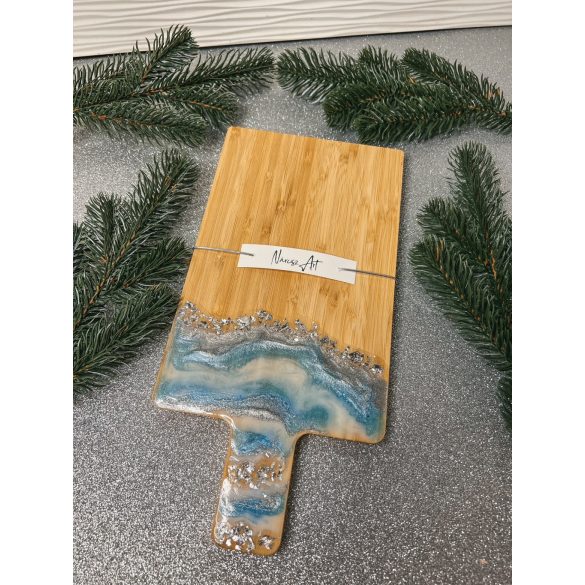 "Kék-ezüst metál csillogós epoxi gyanta fedésű vágodeszka, ajándék"#04