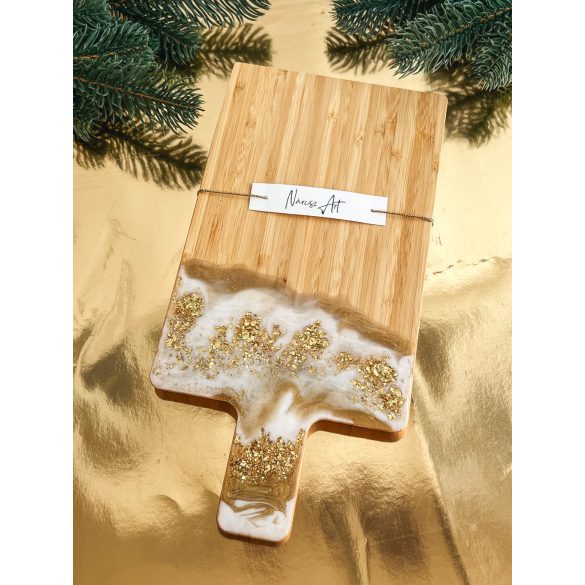 "Arany-fehér metál csillogó epoxi gyanta fedésű vágódeszka és fakanál szett, ajándék"#01