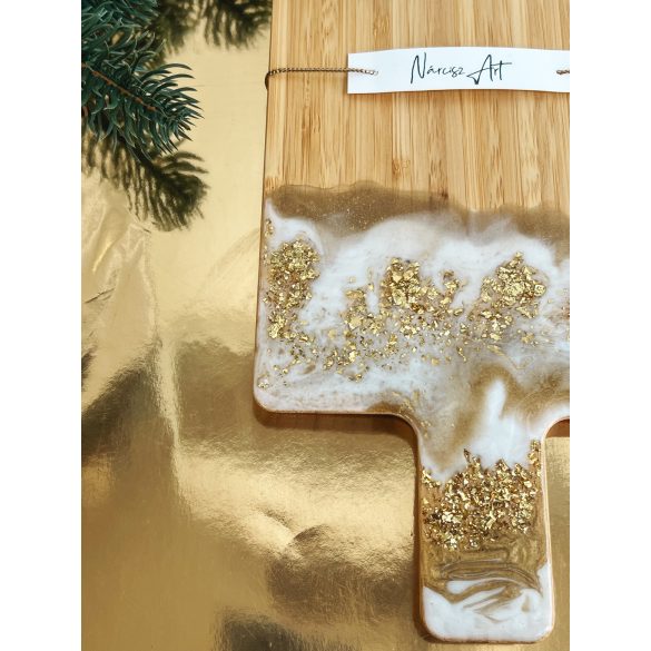 "Arany-fehér metál csillogó epoxi gyanta fedésű vágódeszka és fakanál szett, ajándék"#01