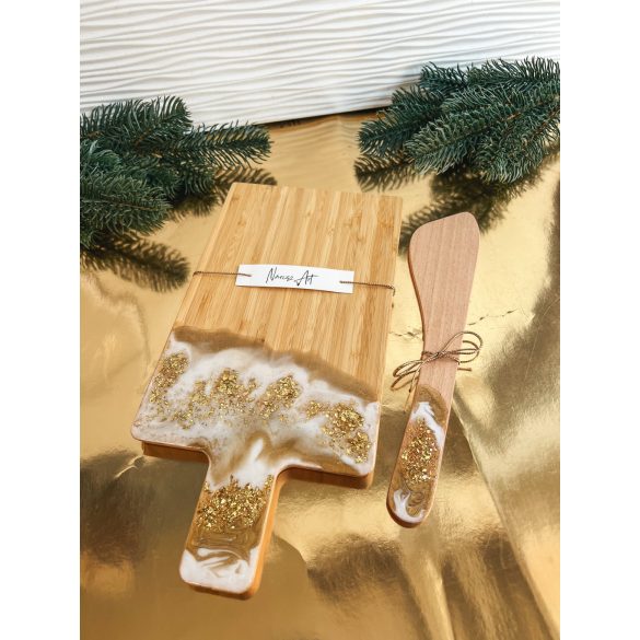 "Arany-fehér metál csillogó epoxi gyanta fedésű vágódeszka és fakanál szett, ajándék"#01