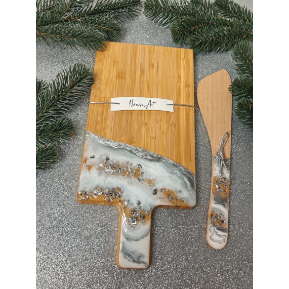 "Ezüst-fehér metál csillogó epoxi gyanta fedésű vágódeszka és fakanál szett, ajándék nőknek"#03