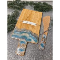   "Kék-fehér metál csillogó epoxi gyanta fedésű vágódeszka és fakanál szett, ajándék nőknek"#04