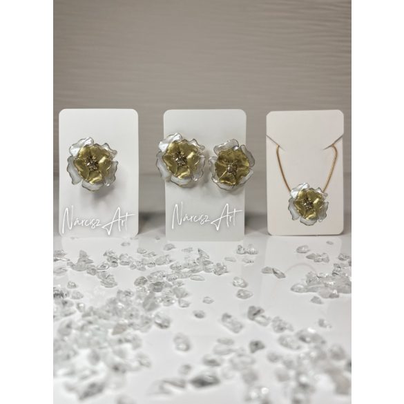 "Arany-fehér epoxi gyanta dupla virágos ékszer szett"#02
