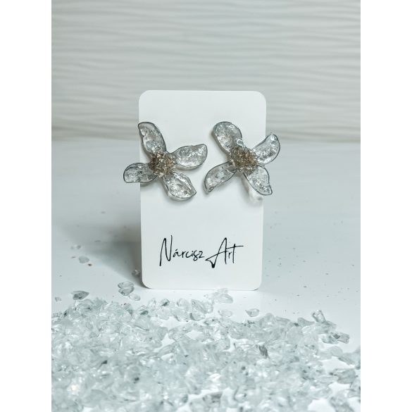 "Ezüst-fehér-átlátszó füstfóliás epoxi gyanta elegáns virág fülbevaló"#69