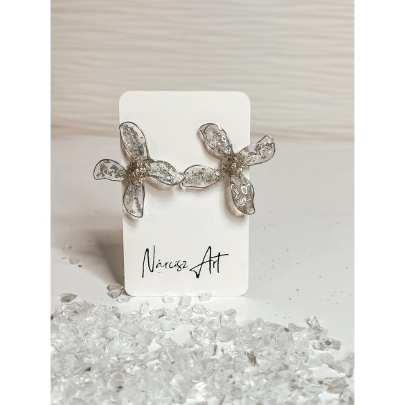 "Ezüst-átlátszó füstfóliás epoxi gyanta elegáns virág fülbevaló"#72