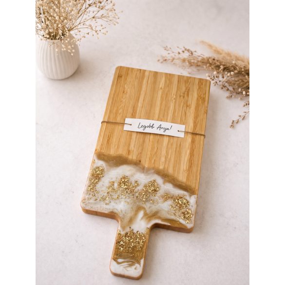 "Arany-fehér epoxi gyanta fedésű vágódeszka, különleges ajándék, anyák napja, köszönőajándék"#01
